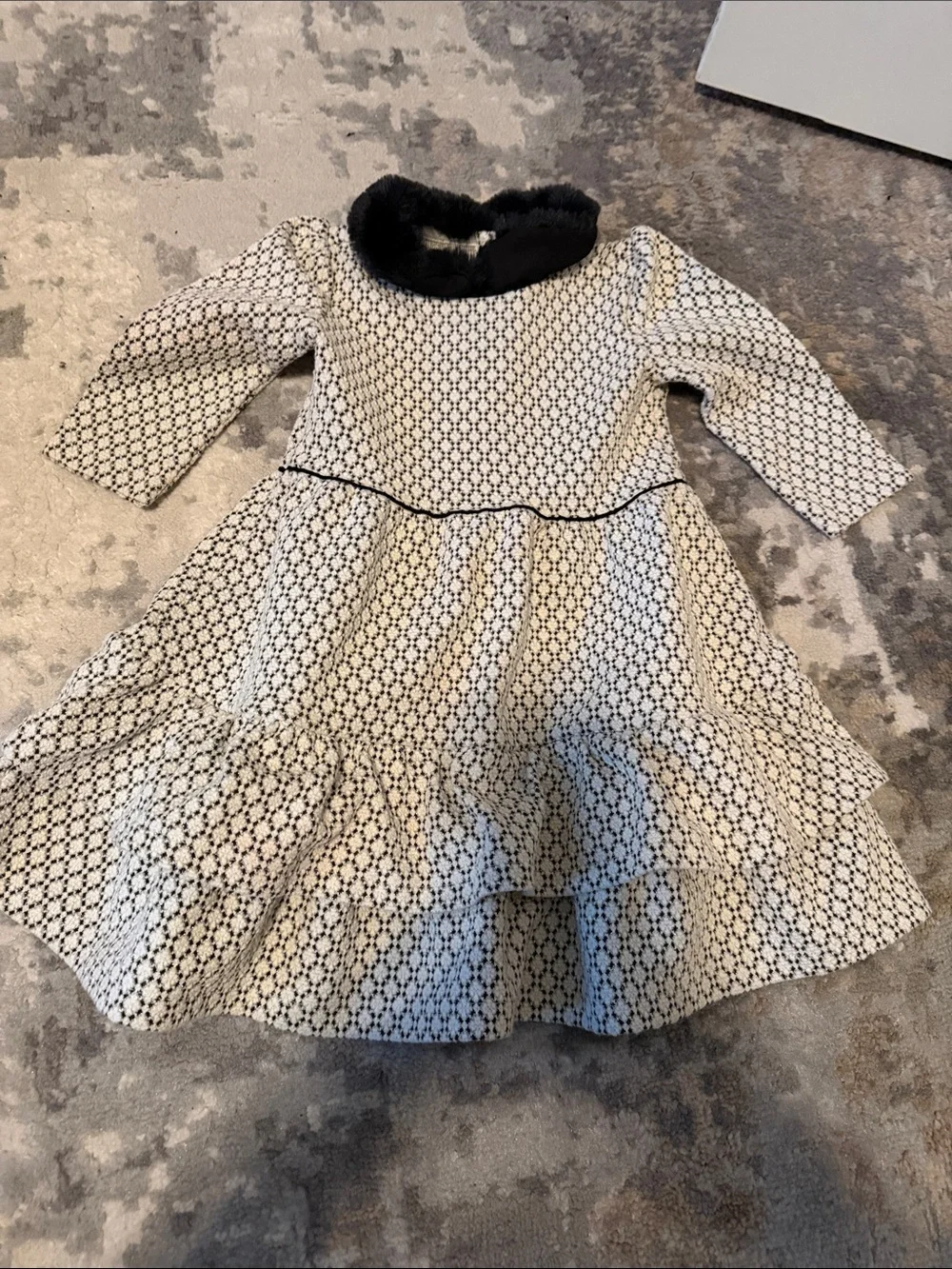 Janie and Jack Cream Dress with Black Pattern and Faux Fur Collar